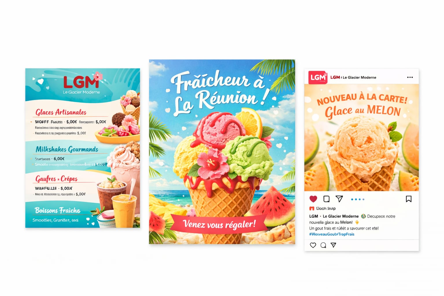 Menu, affiche et post Instagram réalisés pour LGM
